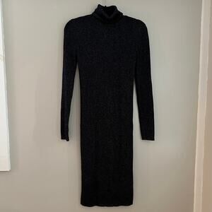 Express‎ Women's Black/Silver Speckled Long Sleeve Turtleneck Midi Sweater Dress